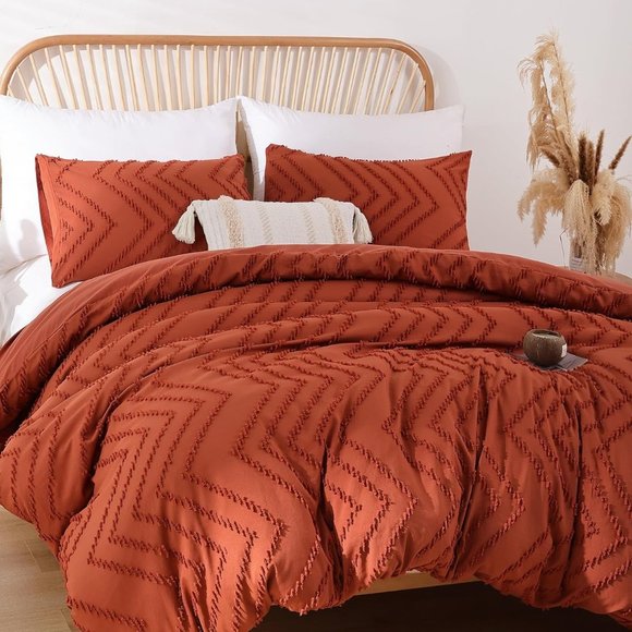 Chevron Texture Pumpkin Terra Cotta Twin Size Bed Comforter Set Bedding Orange - Picture 4 of 11